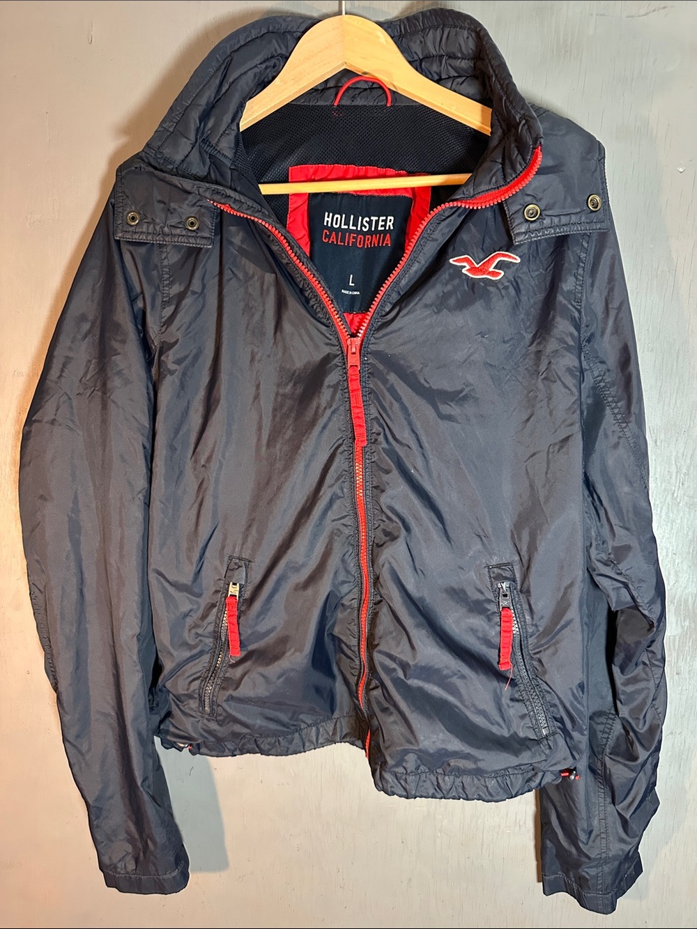Hollister Navy Hooded Windbreaker with Red Accents